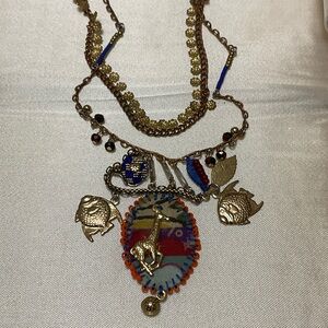 Ayalabar Gold-Tone Multicharm Necklace with Blue, Red and Orange Fabric Pendant